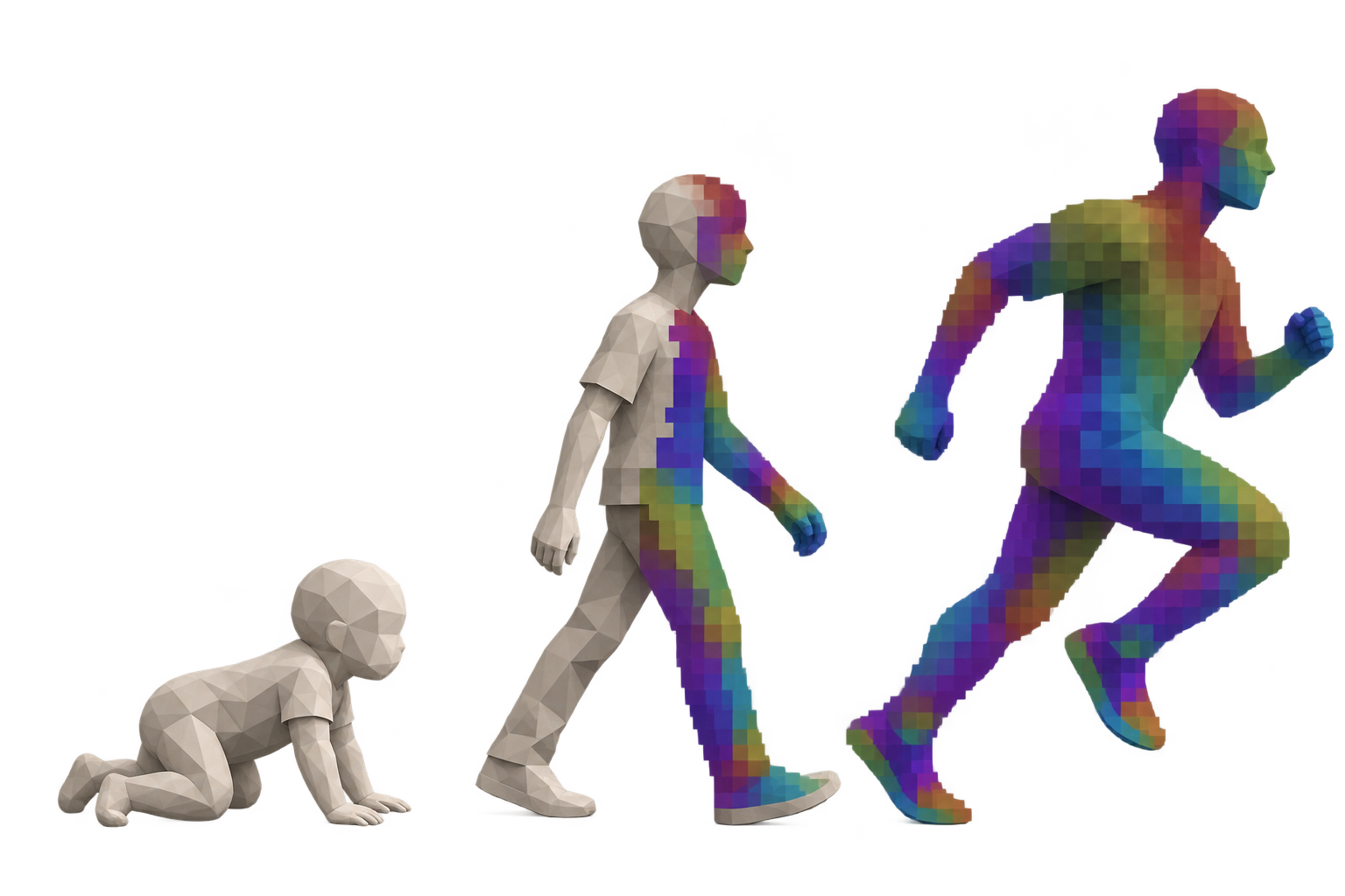 A polygonal baby crawls, an adolescent walks with half their figure in muted pixelated colors, and an adult runs fully rendered as a machine-vision feature map.